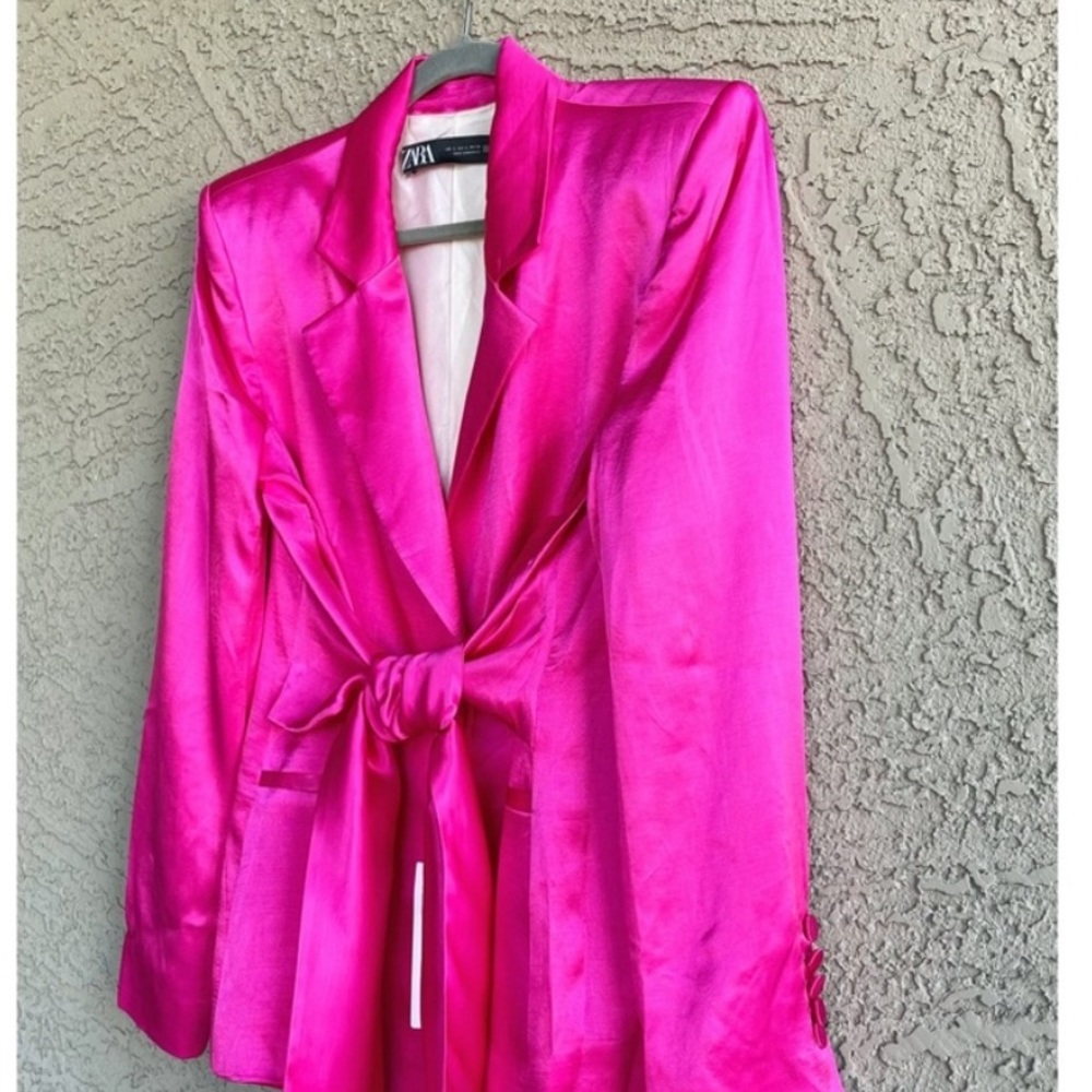 New Zara Pink Satin One Button Structured Tie Sash Front Blazer - Picture 12 of 16